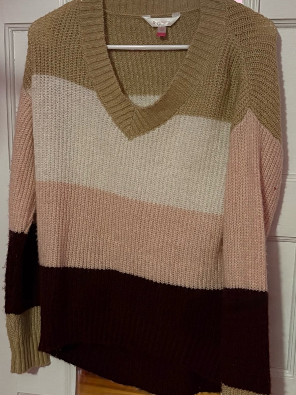 SO Striped V-Neck Sweater in Pink, Cream, Tan & Brown